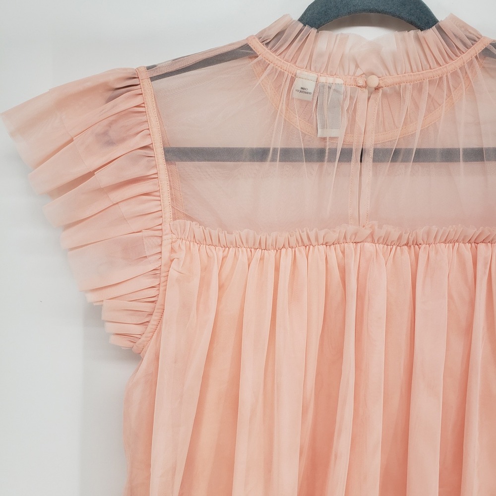 Joie Ruffle Tulle Mesh Blouse Women Medium Peach Pink Sheer Pleated Flutter Top - Picture 6 of 8